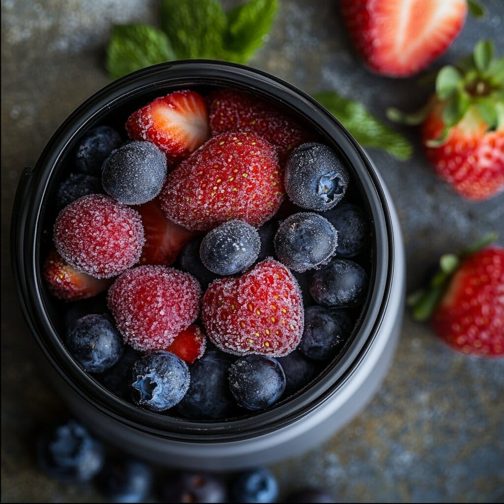 A photo showing all the ingredients needed for the Apple Berry Smoothie.