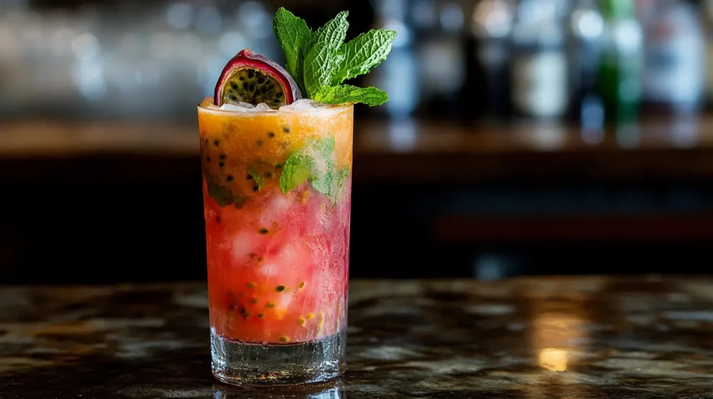 A beautifully crafted Passion Fruit Mojito featuring crushed ice, passion fruit pulp, fresh mint, and lime in a tall glass. Perfect for summer gatherings, set against a relaxed, tropical café backdrop.