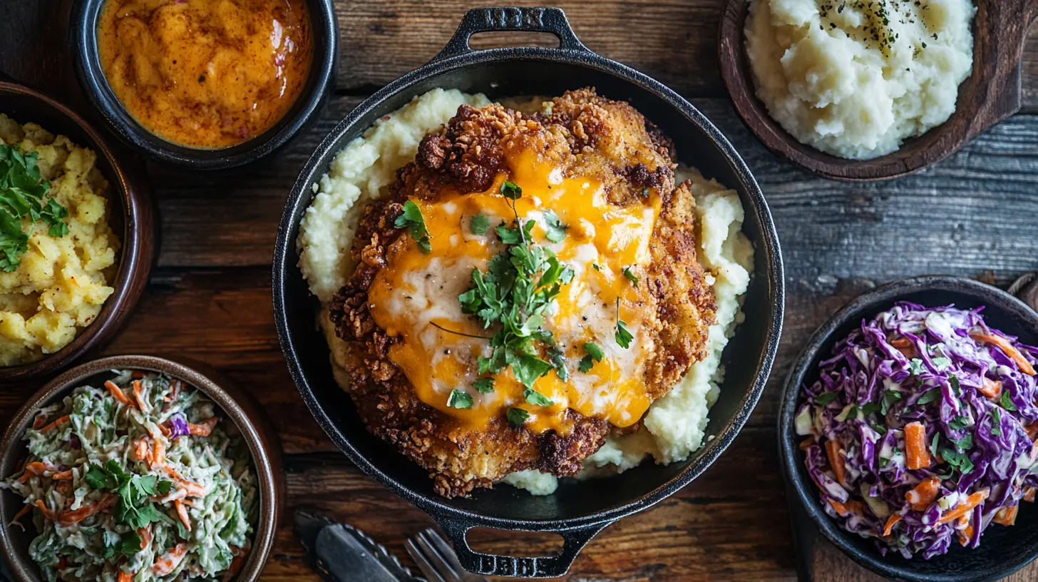 Fried chicken with melted cheddar cheese on a rustic table.