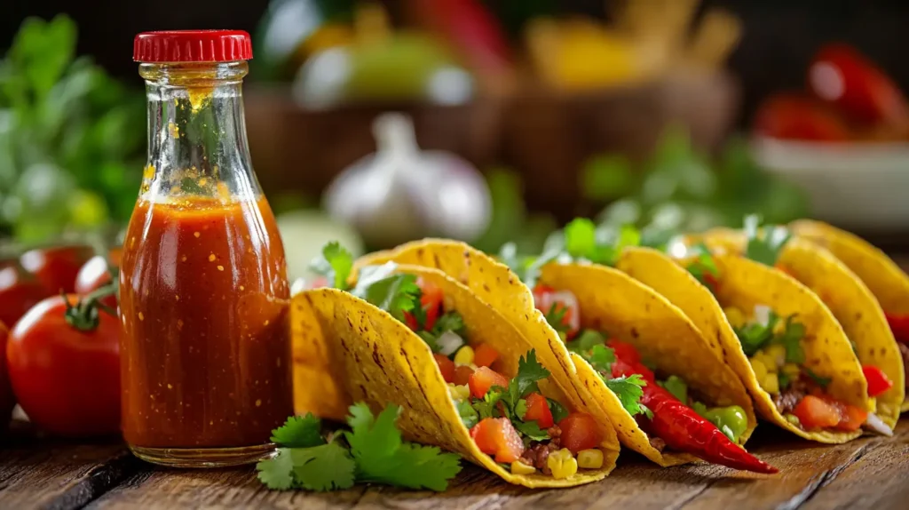 A bottle of taco sauce with tacos and fresh ingredients.
