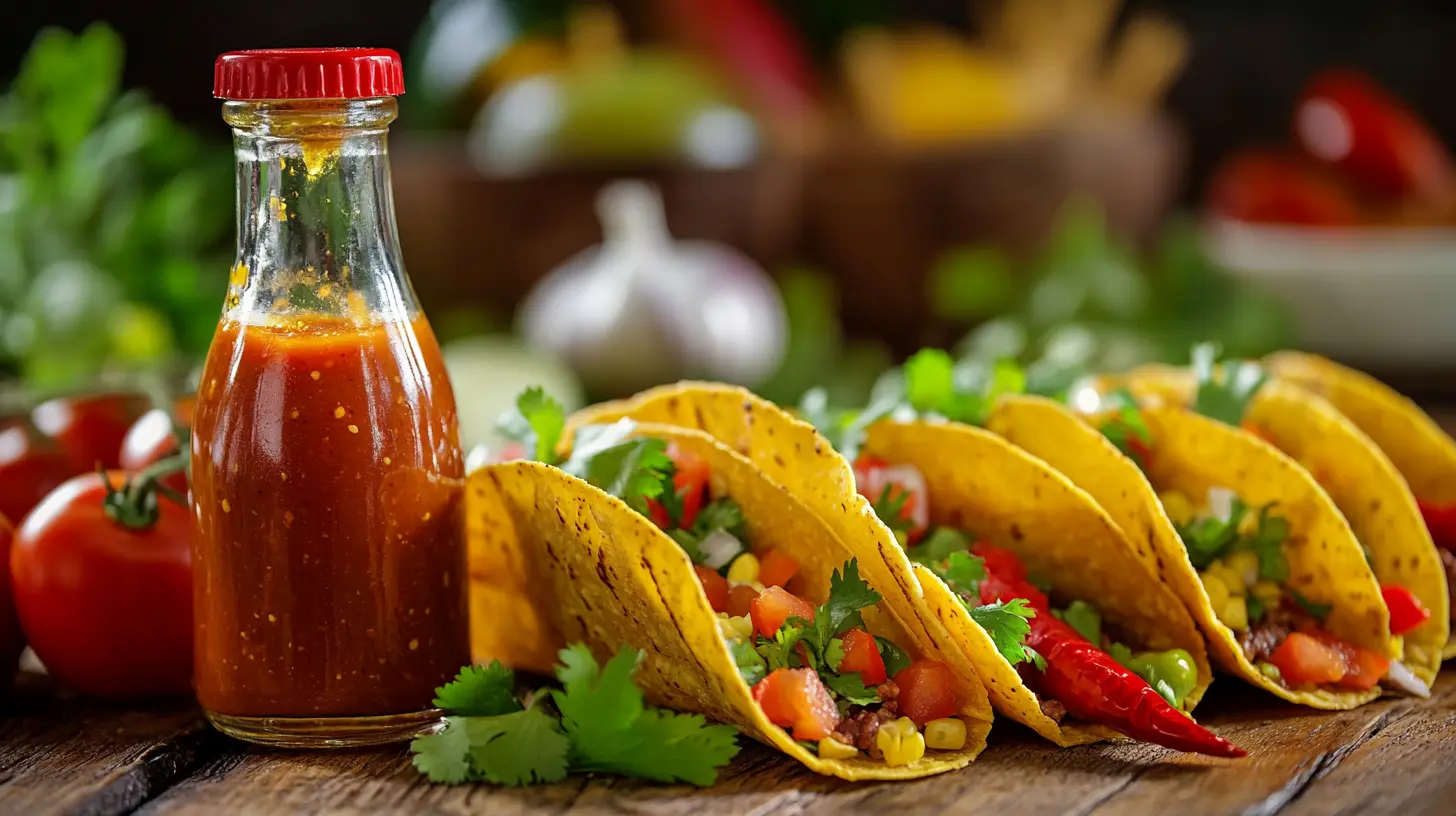 A bottle of taco sauce with tacos and fresh ingredients.