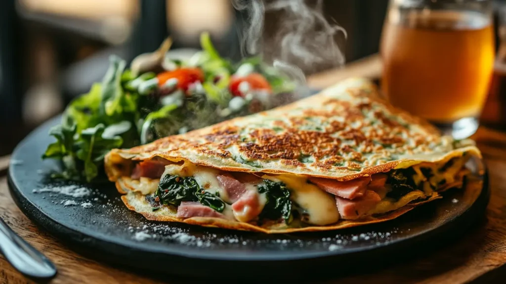 Savory crêpe filled with ham, cheese, and spinach served with a side salad
