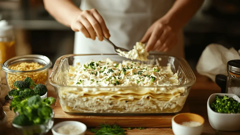 Hands assembling Chicken and Broccoli Lasagna in a glass baking dish, layering noodles, Alfredo sauce, shredded chicken, fresh broccoli, and grated cheese on a wooden countertop surrounded by small bowls of ingredients.