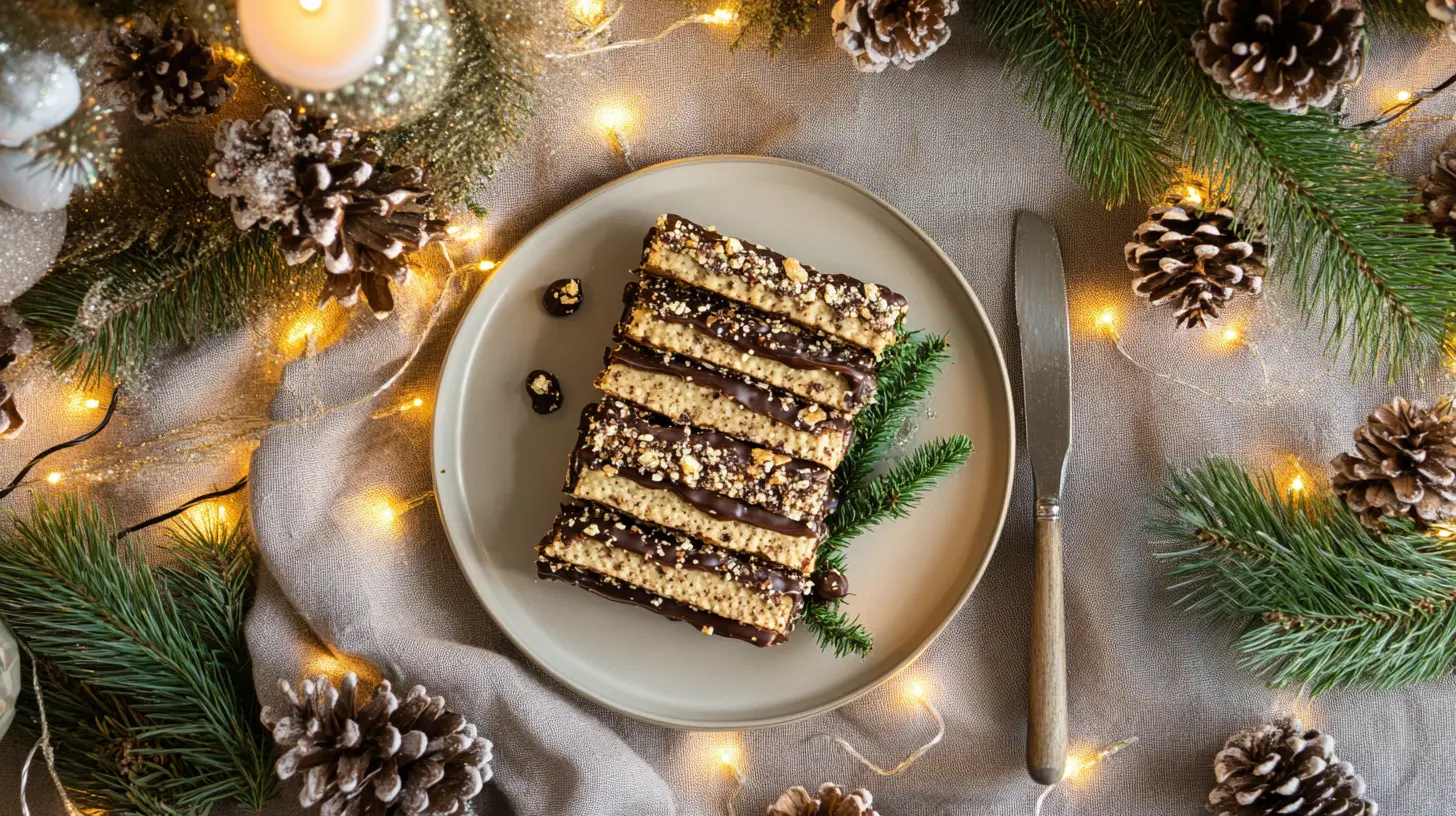 A plate of Christmas Crack surrounded by festive holiday décor.