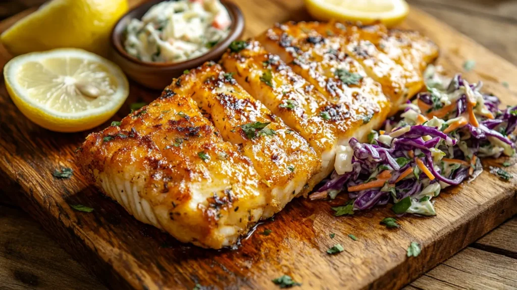 Grilled fish fillet served with coleslaw and lemon wedges on a wooden board.