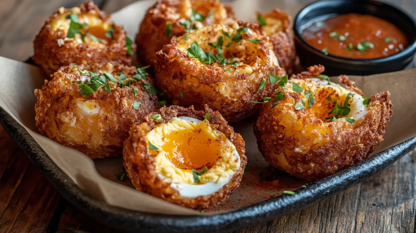 Golden fried deviled eggs on a platter garnished with paprika and herbs.