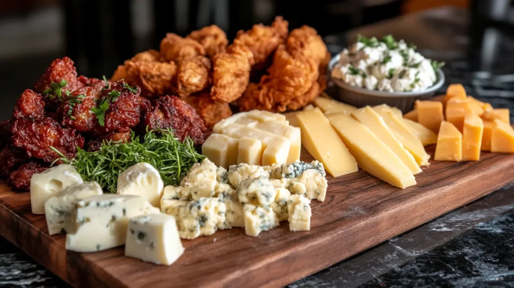 Various cheeses on a board with fried chicken