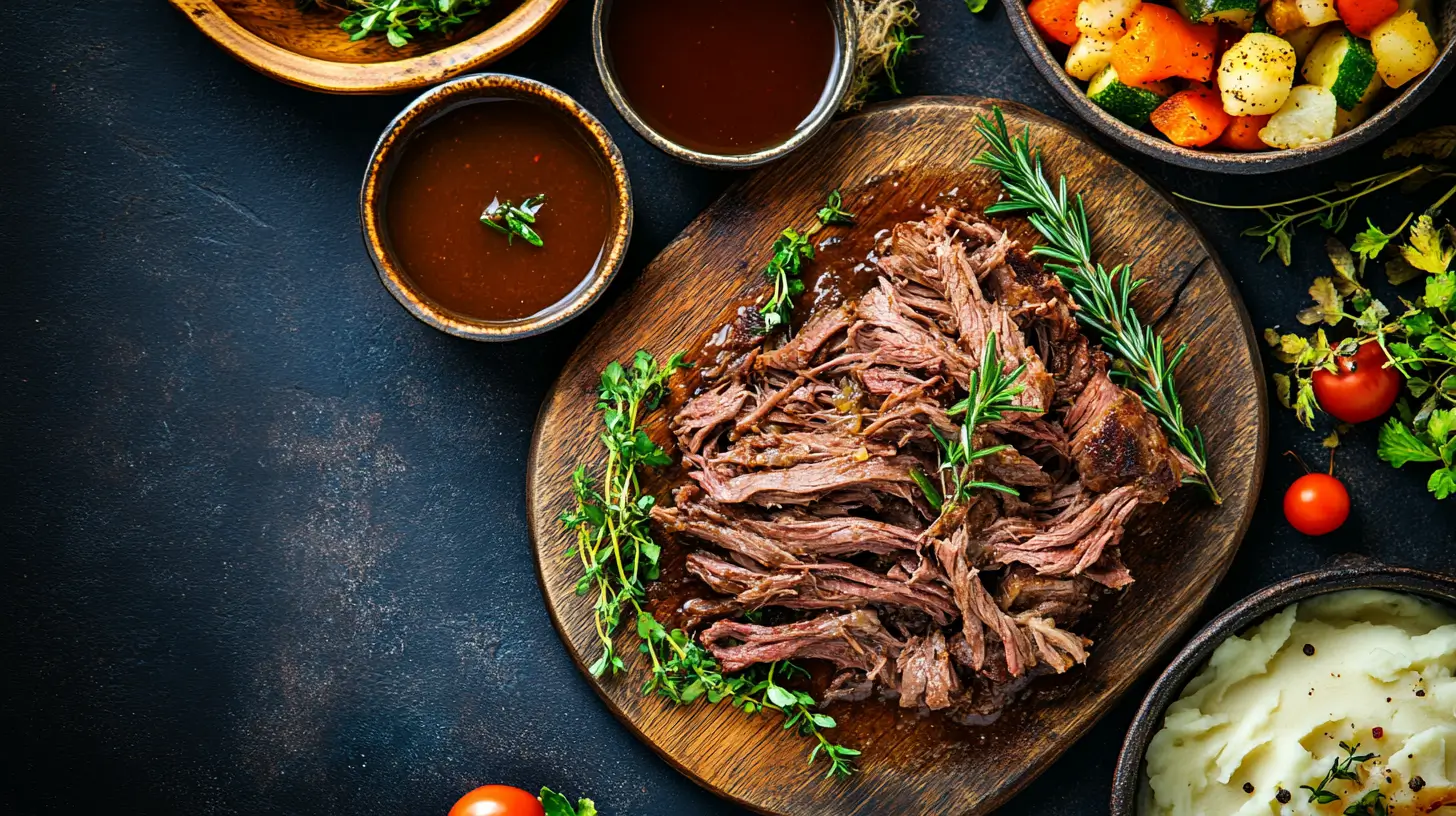 Shredded beef roast with side dishes on a rustic table