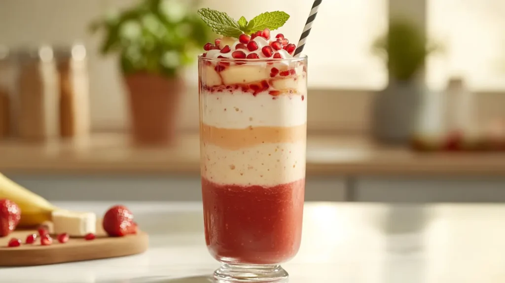 Layered pomegranate smoothie with strawberries and bananas.