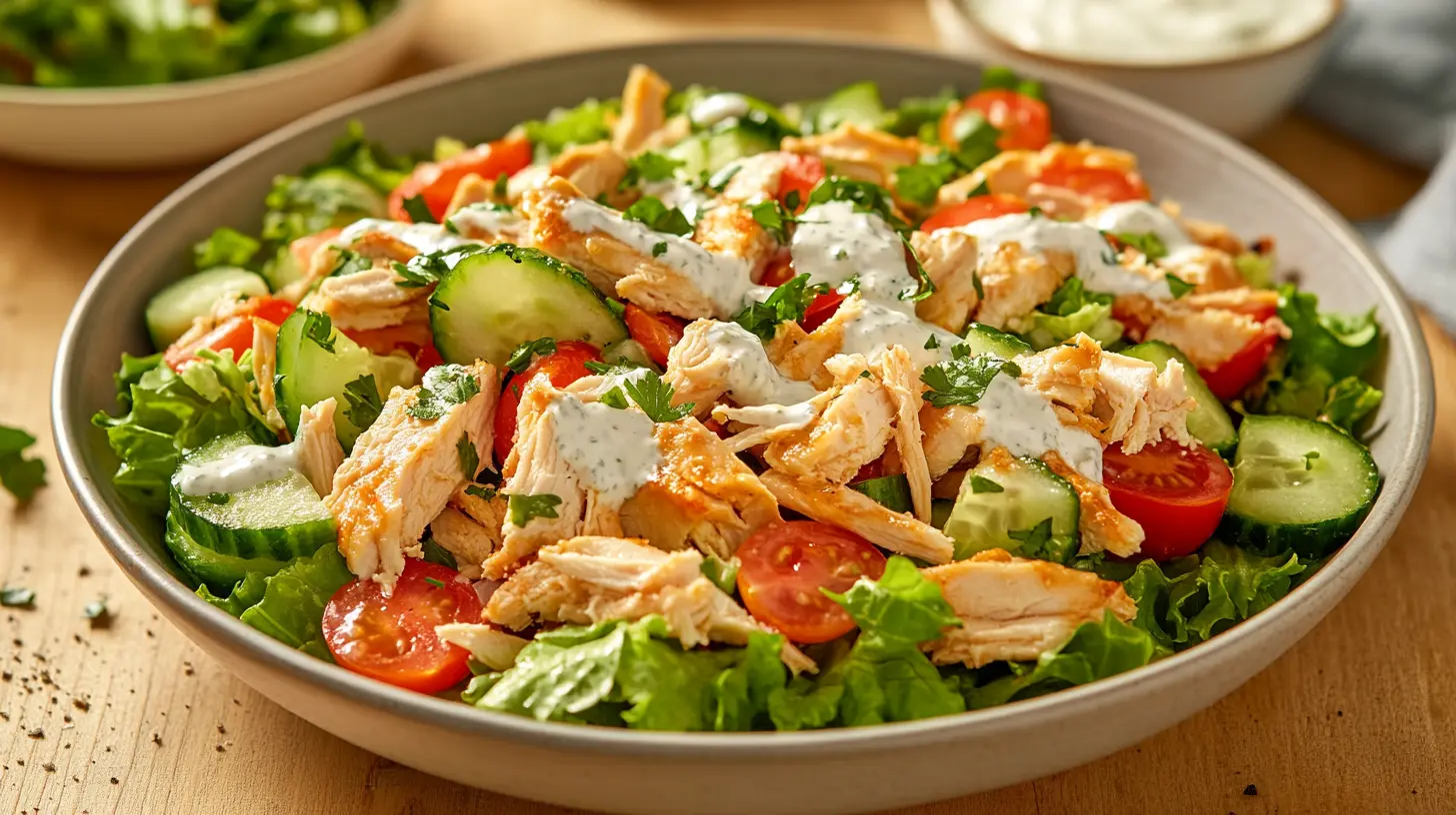 Healthy chicken salad with fresh vegetables and yogurt dressing.