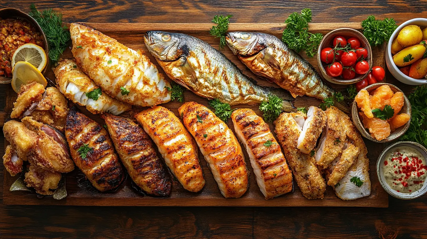 A variety of fried and grilled fish including snapper, cod, and tilapia with sides like cherry tomatoes, potatoes, and dipping sauce.
