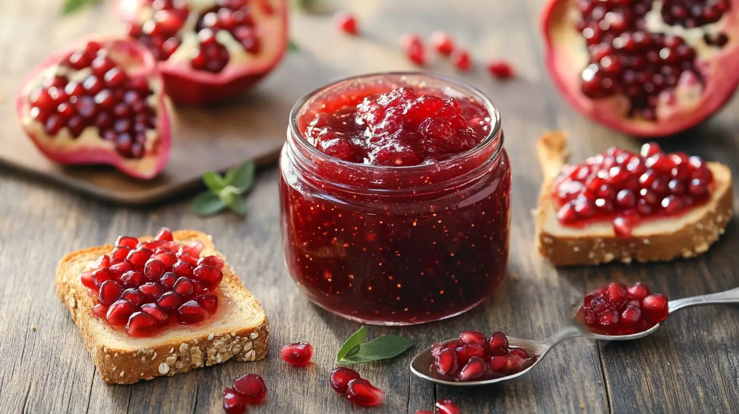 A jar of pomegranate jam with fresh pomegranates and toast.