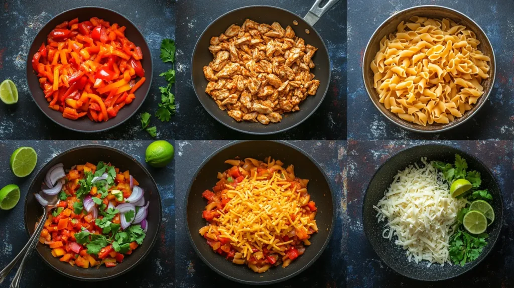 Step-by-step collage showing the process of making chicken taco pasta skillet, from cooking the chicken to garnishing the final dish.