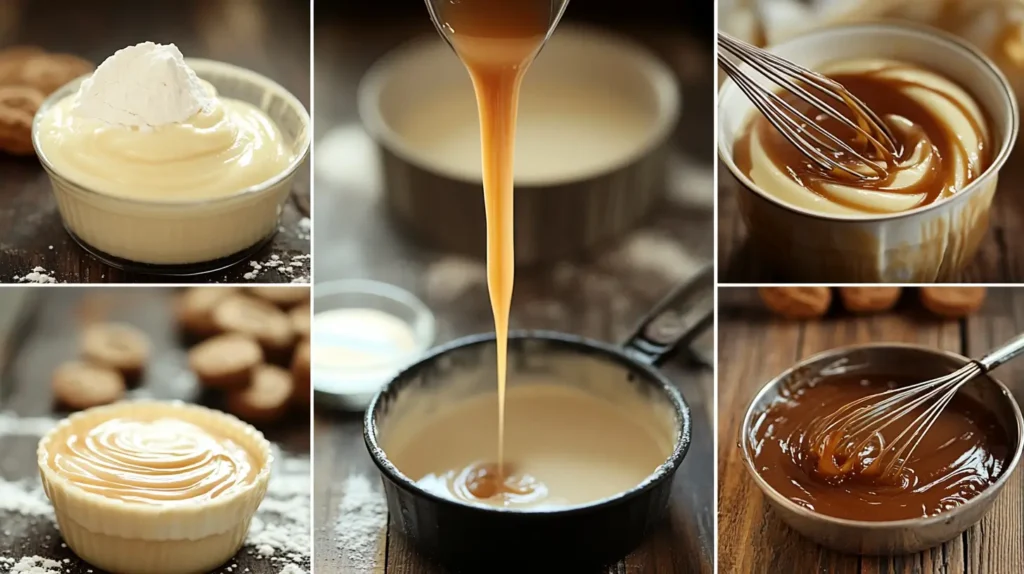 A step-by-step collage showing the process of making milk pudding, from mixing ingredients to serving the final dessert.