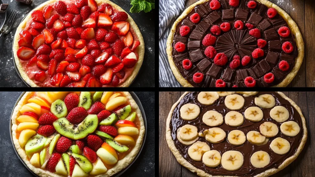 Four varieties of dessert pizza featuring strawberry, chocolate with raspberries, mixed fruits, and banana with Nutella on baked crusts.