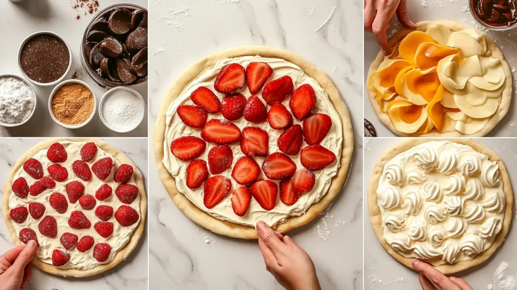 Step-by-step process of making dessert pizza, showing ingredients, cream cheese frosting, strawberries, and other fruit toppings on dough.