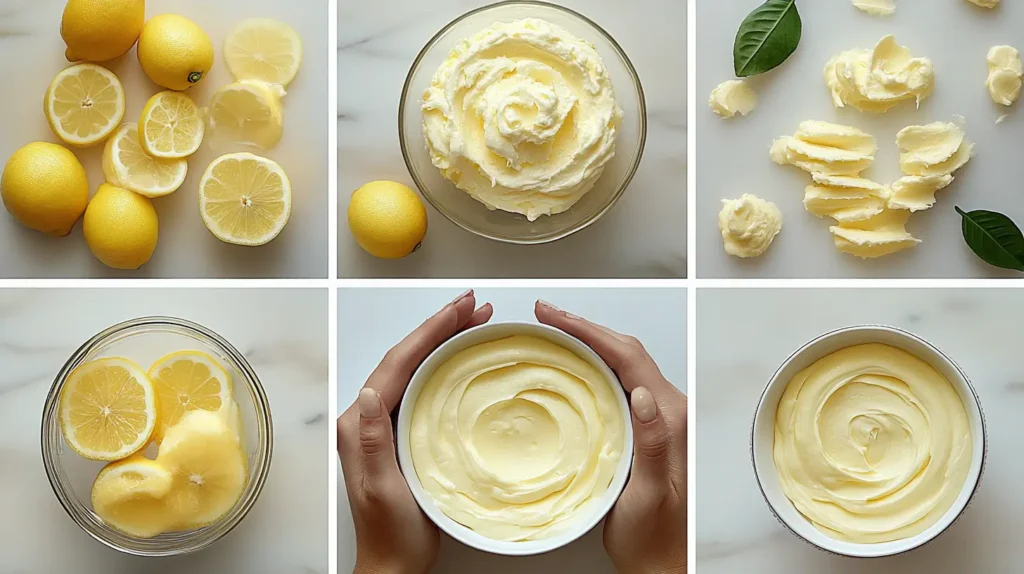 Step-by-step visuals for making lemon cream, showing fresh lemons, whipped butter, and the final smooth lemon cream in bowls.