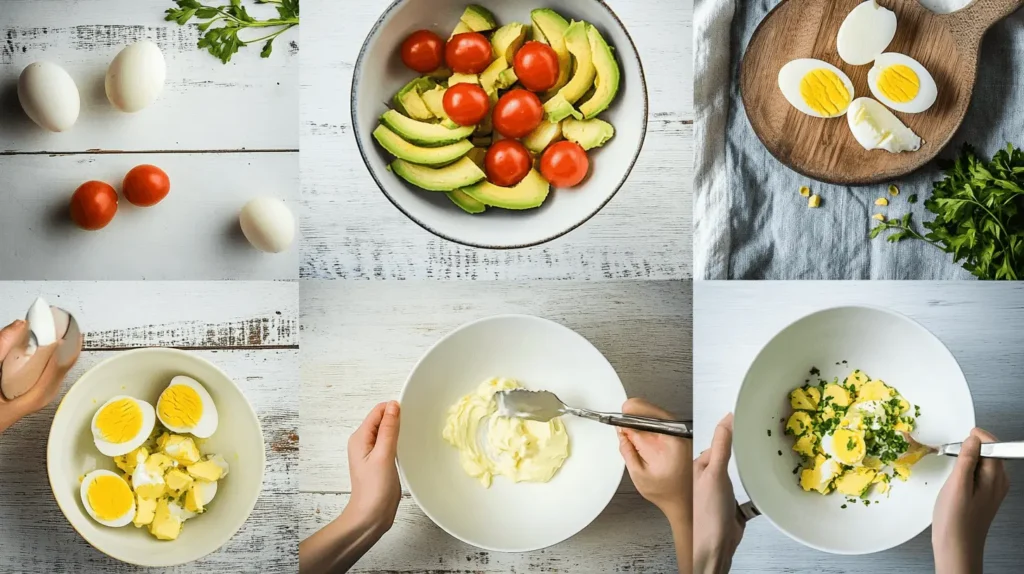 Step-by-step collage of making egg salad from boiling to mixing and garnishing.