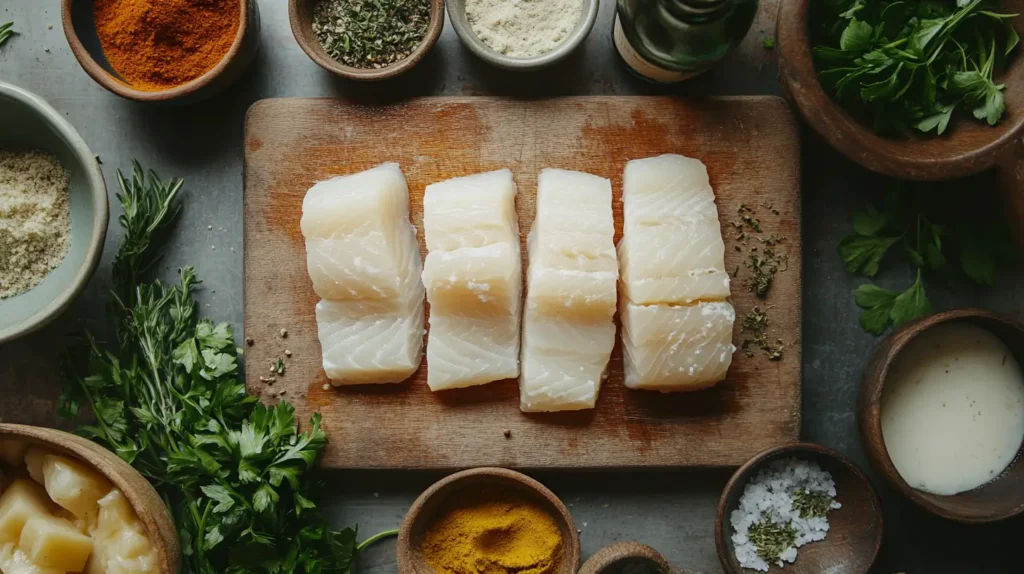 Raw fish fillets with batter and spices.