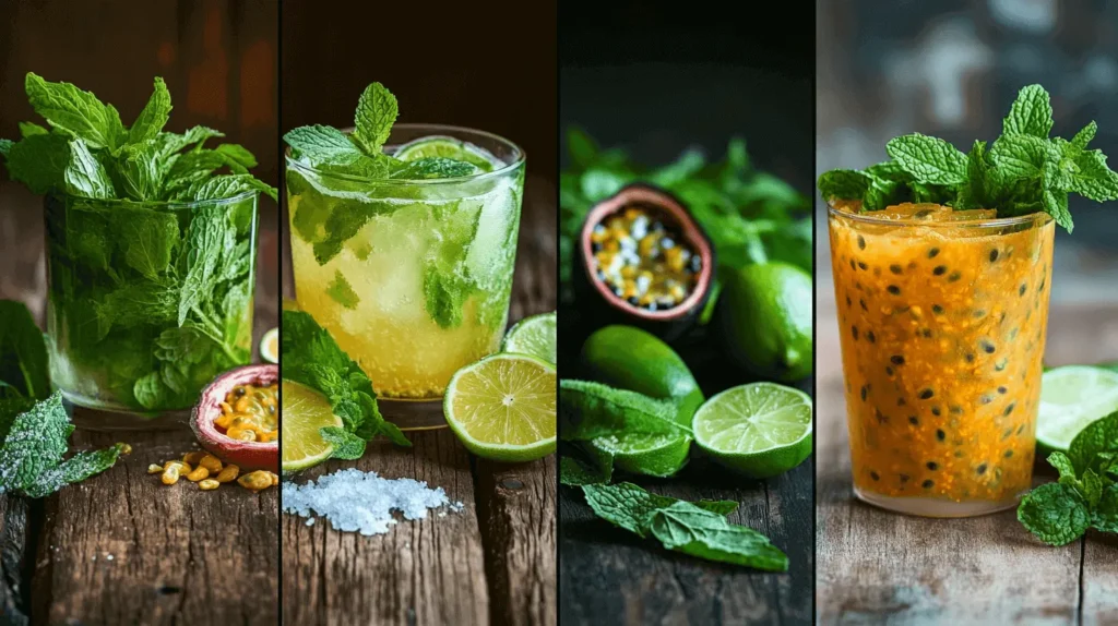 Collage of four images showing the step-by-step process of making Passion Fruit Mojito