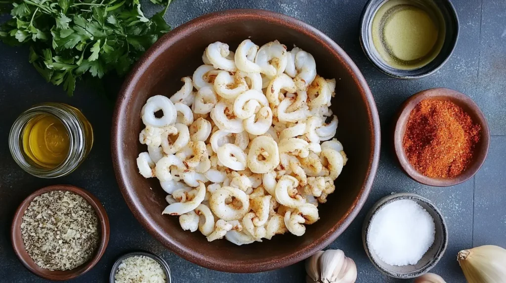 A bowl of raw, seasoned calamari rings surrounded by spices, olive oil, garlic, salt, and fresh parsley, ready for cooking.