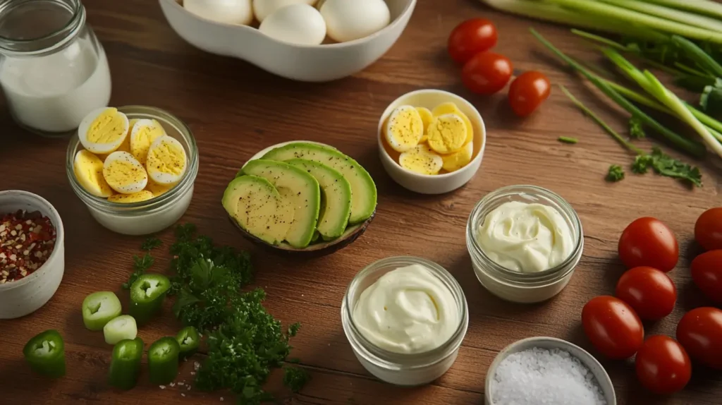Ingredients for egg salad arranged on a wooden table.