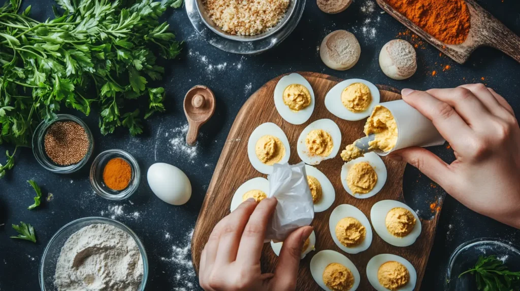 Preparation of fried deviled eggs with yolk mixture being piped into fried egg whites