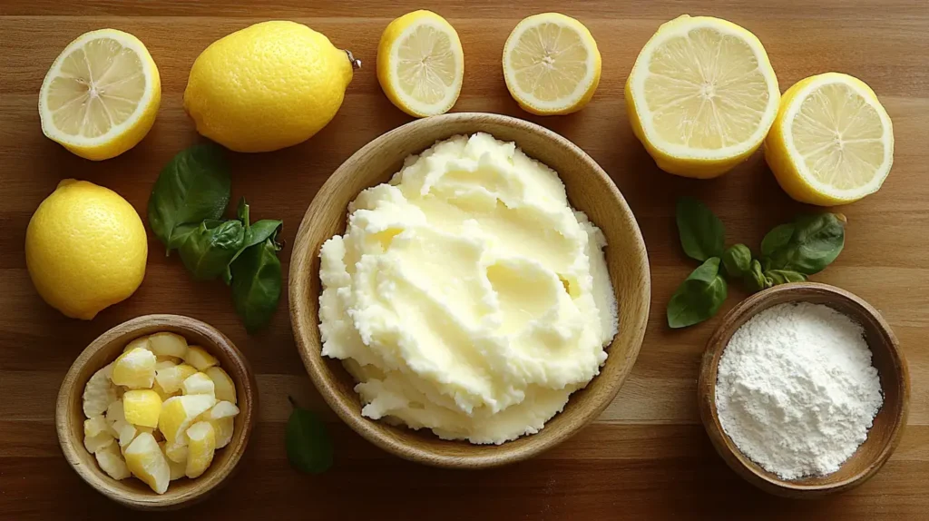 Ingredients for lemon cream including fresh lemons, lemon zest, and powdered sugar in wooden bowls on a wooden surface.