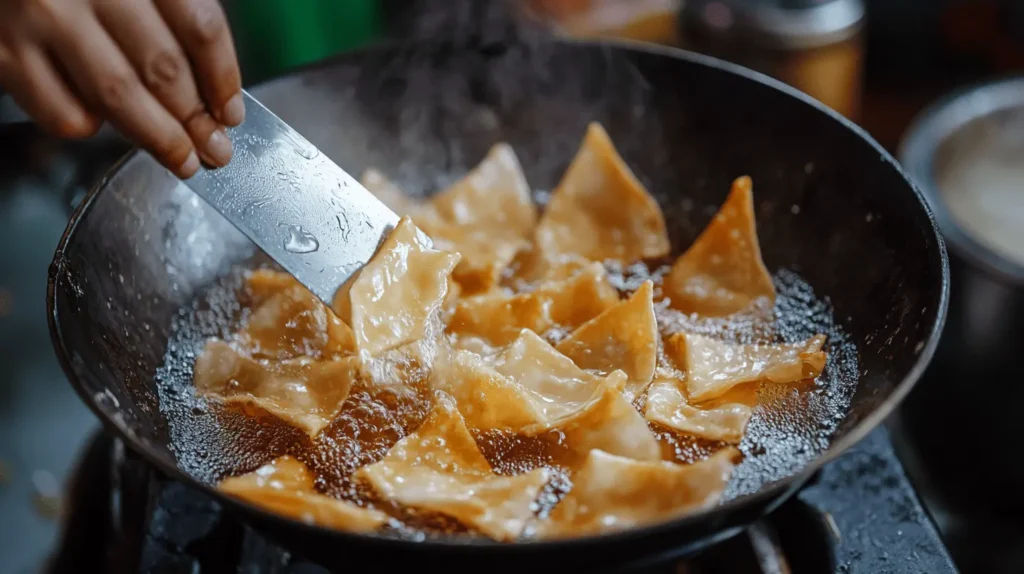 Step-by-step visuals of making fried wonton strips
