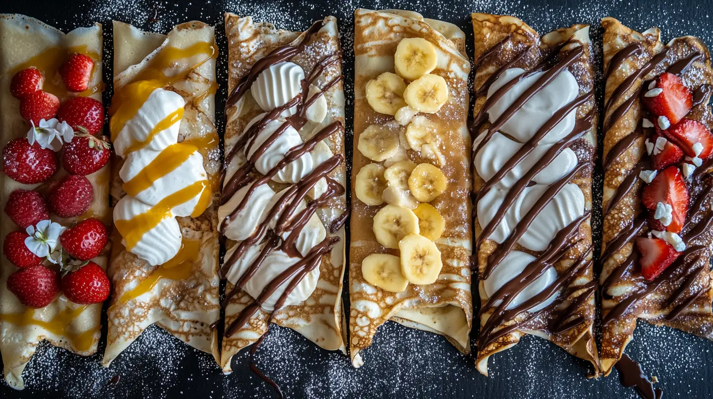 A variety of sweet rolled crêpes with different toppings like strawberries, whipped cream, bananas, and chocolate drizzle.