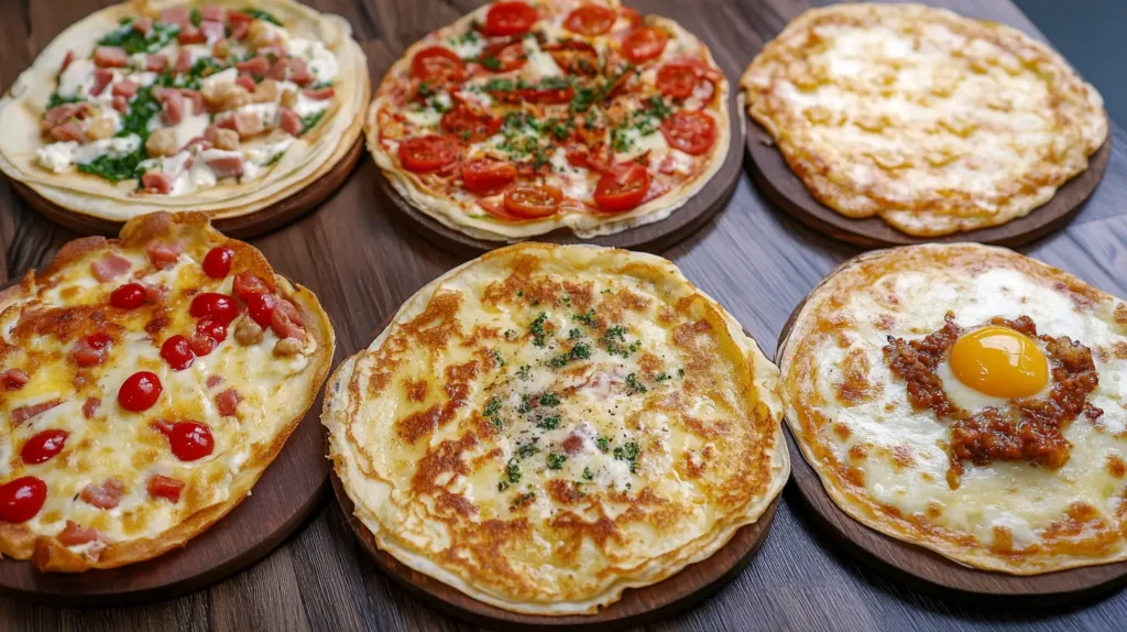 A variety of savory crêpes with different toppings like ham, cheese, cherry tomatoes, spinach, and egg, served on wooden plates.