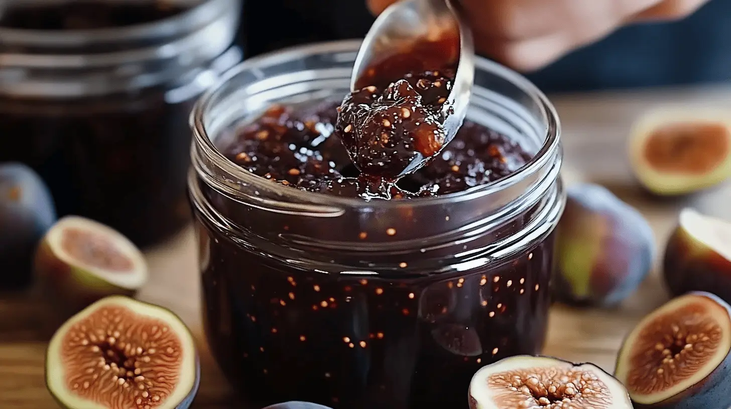 A spoon scooping homemade sugar-free fig jam from a jar surrounded by fresh figs.
