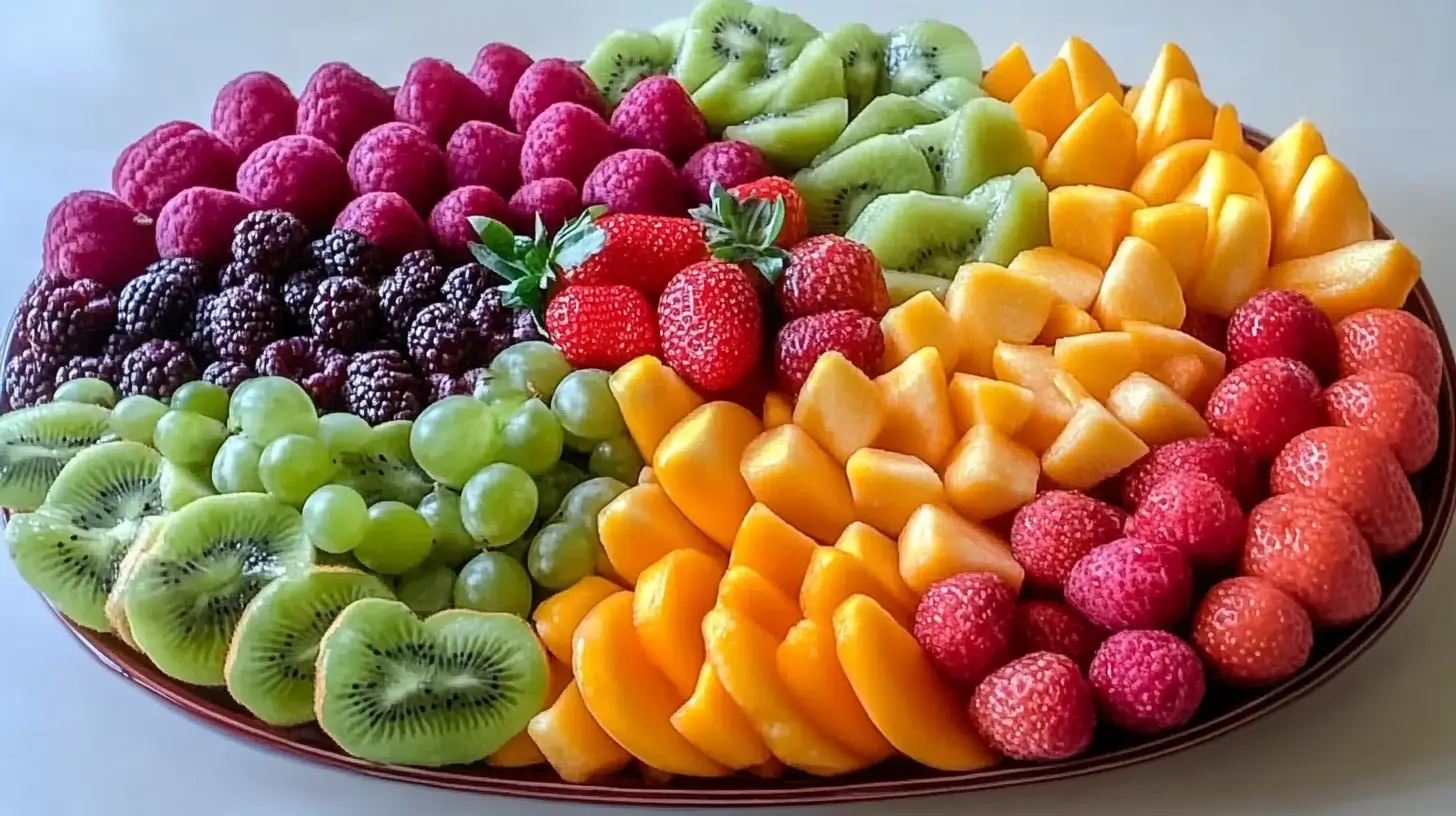 A beautifully arranged fresh fruit platter with colorful fruits including strawberries, kiwis, grapes, raspberries, blackberries, and melons.
