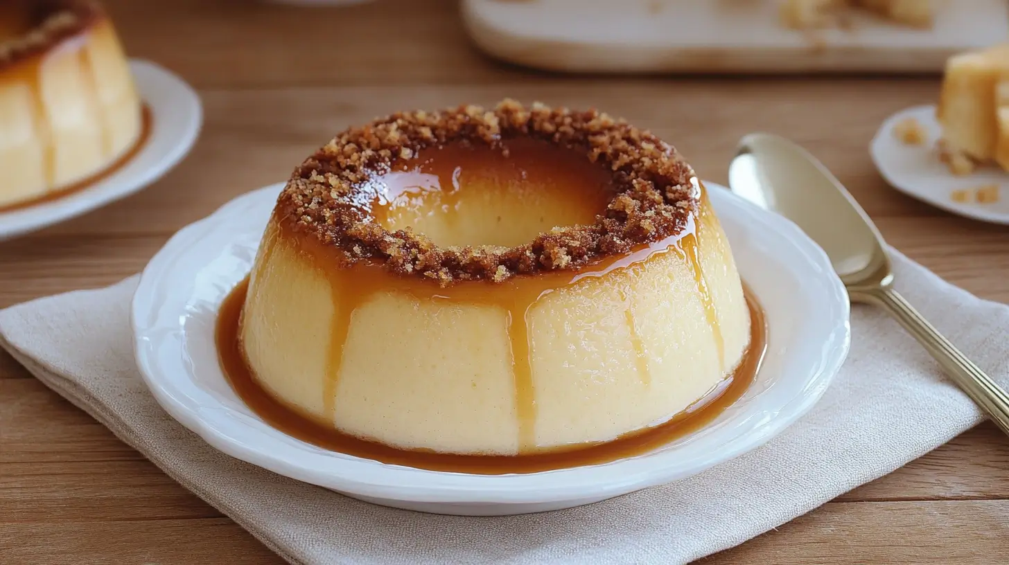 Creamy milk pudding topped with caramel sauce and a crumb layer, served on a white plate with a golden spoon on the side.