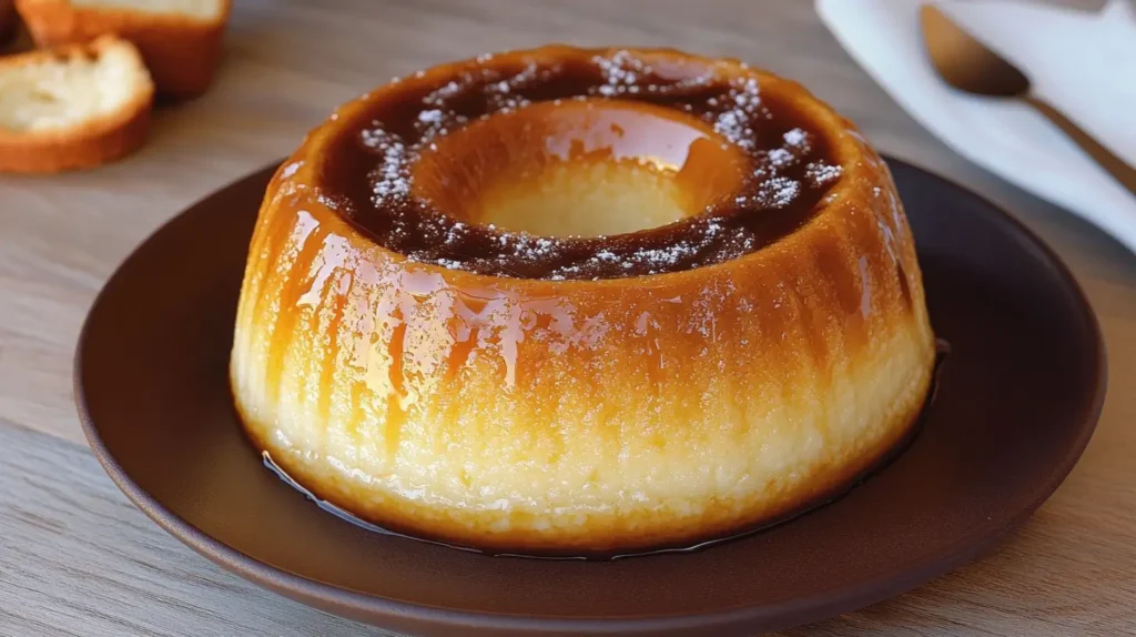 A creamy milk pudding topped with caramel sauce and crumbs, served on a white plate.Title: Milk Pudding with Caramel Topping