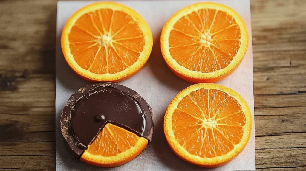 Orange and dark chocolate on a wooden table with orange zest.