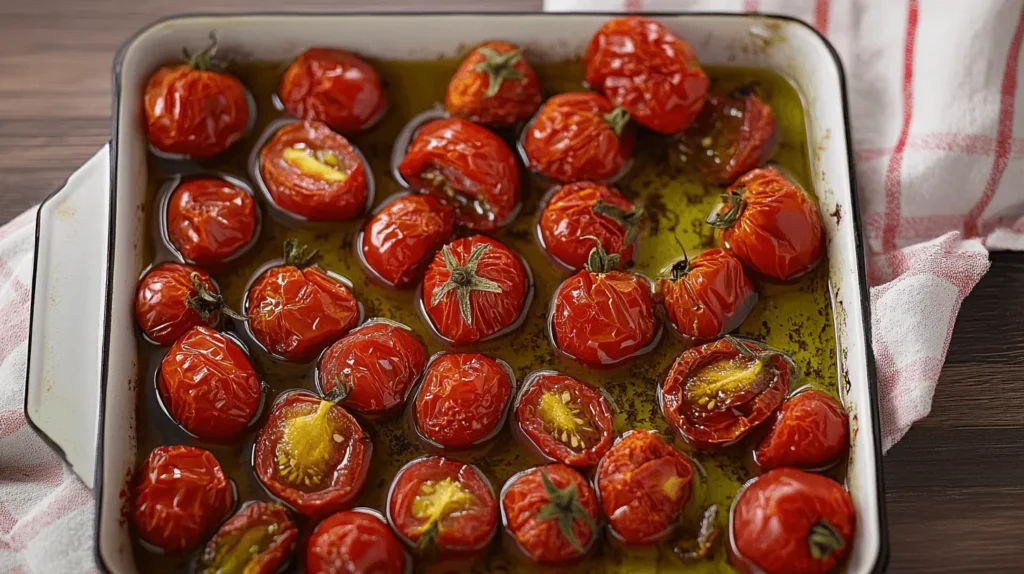 Freshly roasted cherry tomatoes in olive oil, arranged in a baking dish, capturing a rustic and flavorful Mediterranean-inspired recipe.