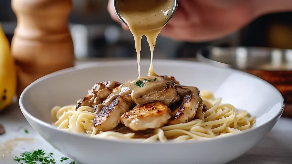 Thick creamy Chicken Marsala sauce being poured over grilled chicken and pasta in a white bowl