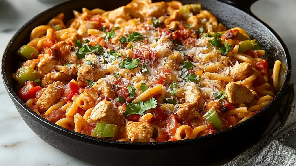 plate Chicken taco pasta skillet garnished with lime, cilantro, and cheese in a cast-iron skillet.