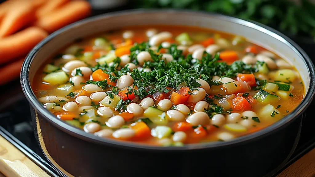 A hearty bowl of minestrone soup with colorful vegetables and white beans, garnished with fresh parsley.