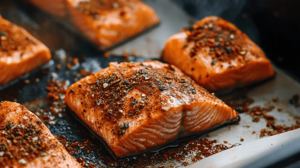 Fresh salmon fillet with seasonings and lemon.
