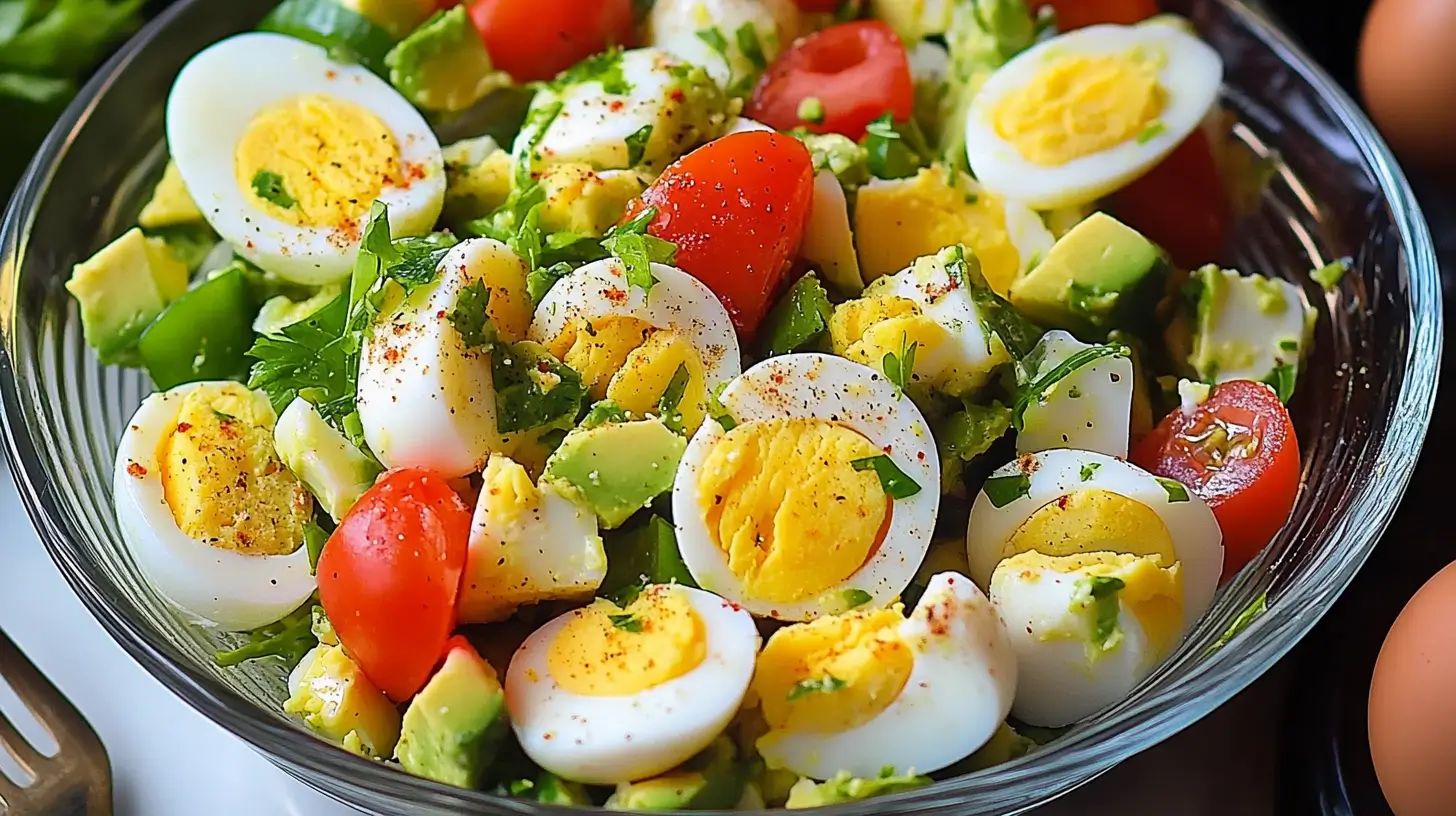 Bowl of egg salad with cherry tomatoes, avocado, and herbs.