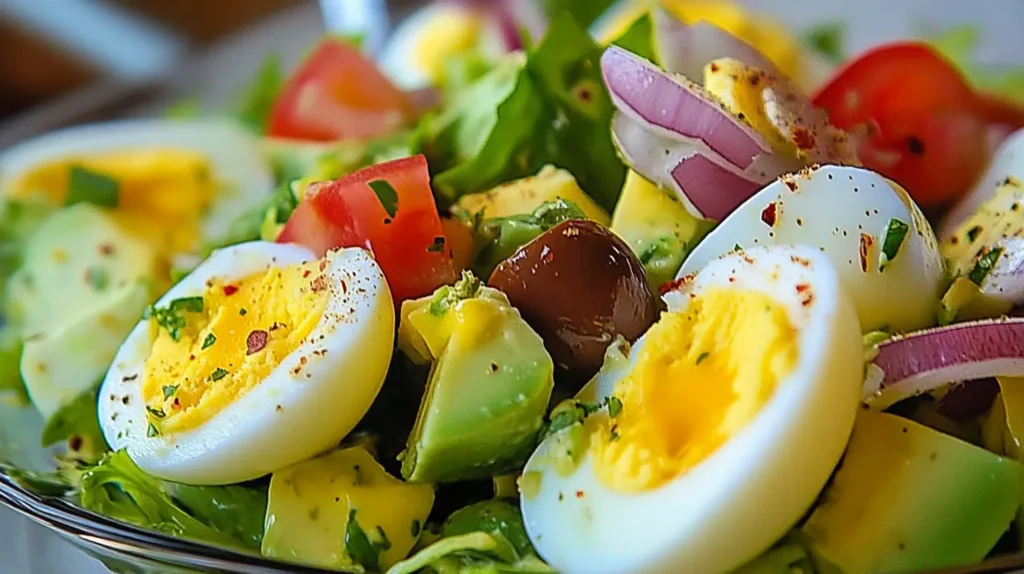 Creamy egg salad bowl surrounded by colorful side dishes.