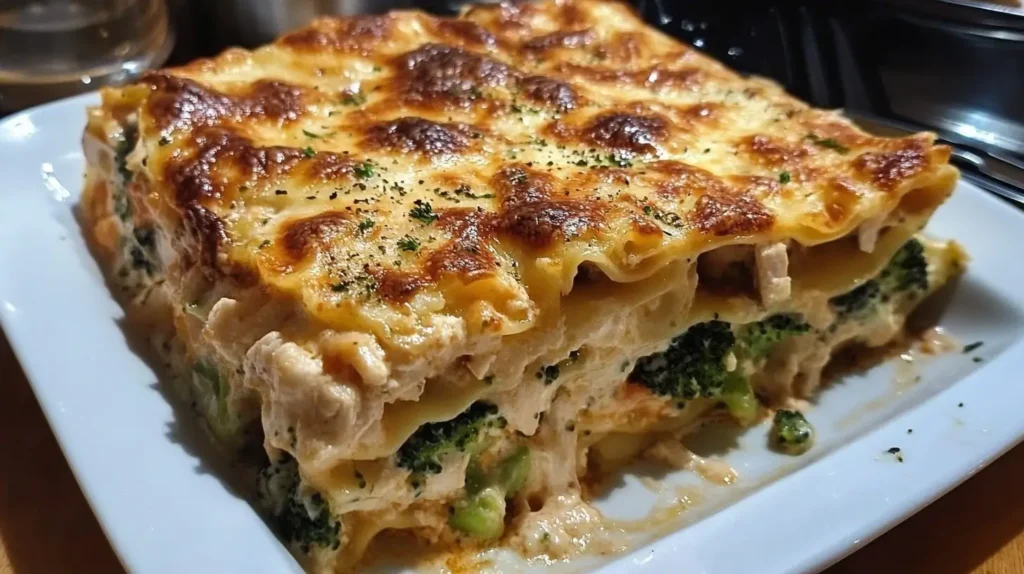 A plated slice of Chicken and Broccoli Lasagna with golden cheese topping, creamy layers of Alfredo sauce, chicken, and broccoli on a white plate.