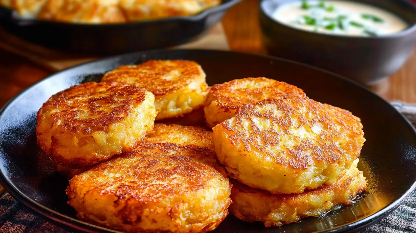 A plate of Hash Browns served with a creamy dipping sauce in the background.