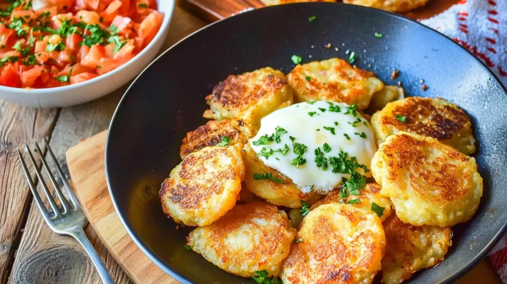A plate of golden, Hash Browns patties served with a creamy dipping sauce in the background.