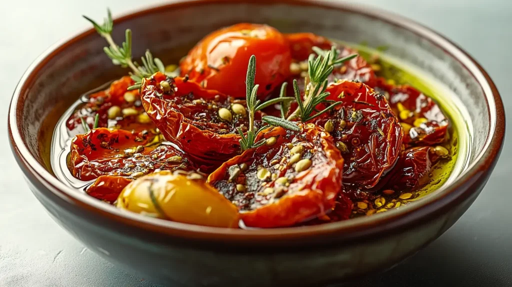 Marinated sun-dried tomatoes in olive oil, topped with aromatic herbs and pine nuts, served in a glass bowl for a flavorful Mediterranean dish
