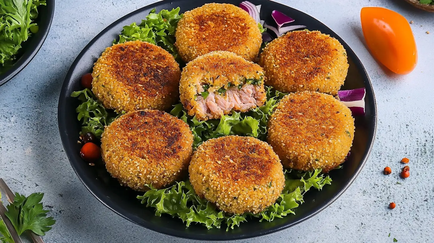 Crispy vegetable cutlets served on a black plate with fresh greens and onions.