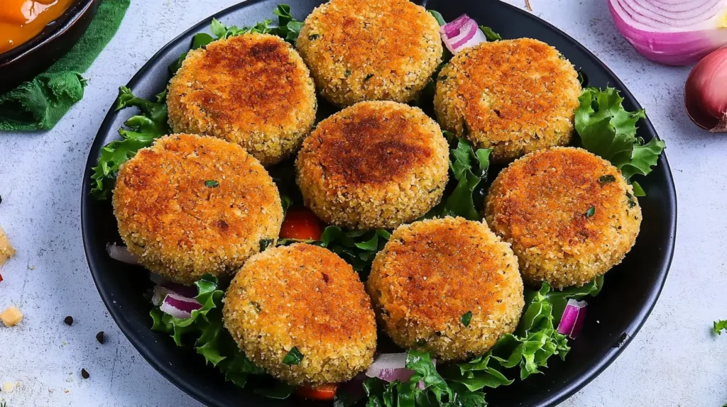Crispy vegetable cutlets served on a black plate with fresh greens and onions.