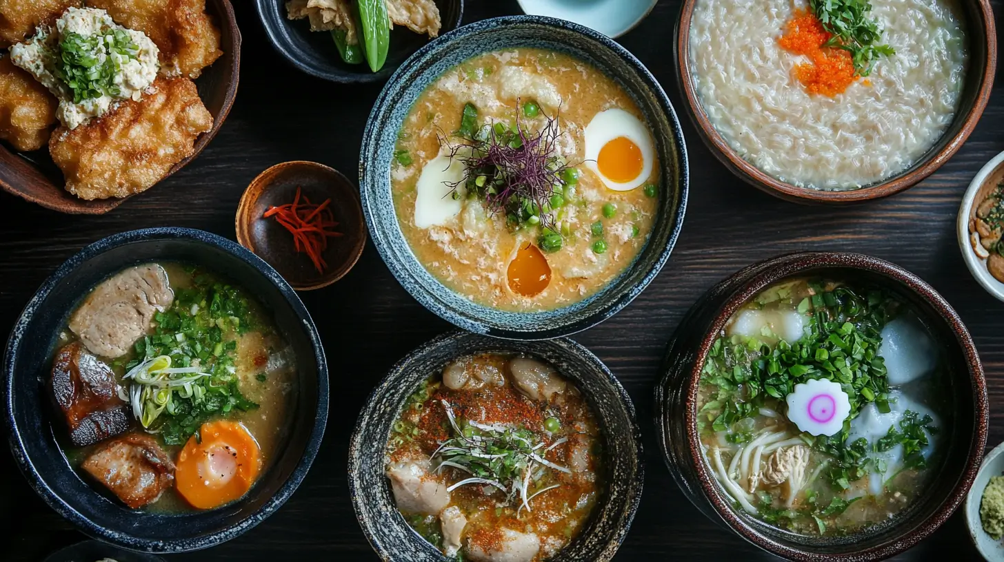 An assortment of bowls featuring ramen, congee, and other Asian soups, garnished with eggs, scallions, and fresh herbs